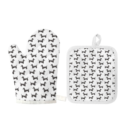 Black And White Dachshund Pattern Print Oven Mitt And Pot Holder Set