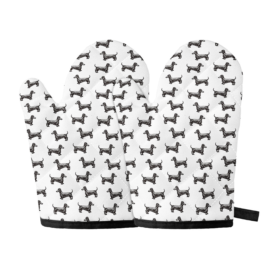 Black And White Dachshund Pattern Print Oven Mitts