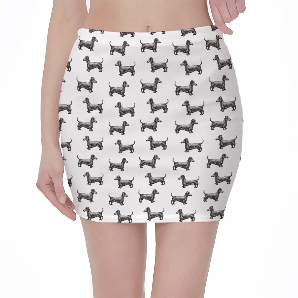 Black And White Dachshund Pattern Print Pencil Mini Skirt