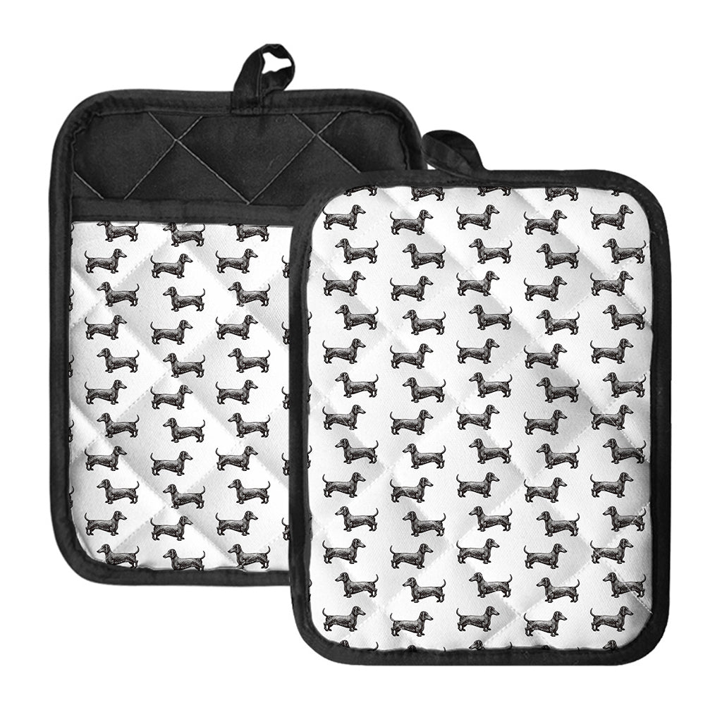 Black And White Dachshund Pattern Print Pot Holders With Pocket