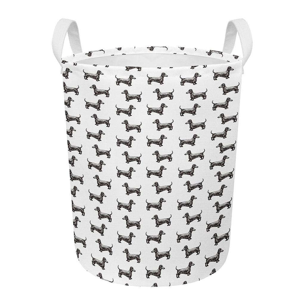Black And White Dachshund Pattern Print Round Laundry Basket