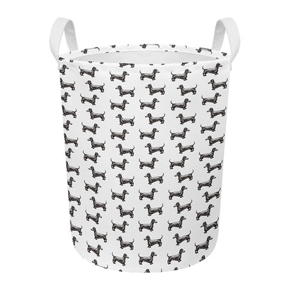 Black And White Dachshund Pattern Print Round Laundry Basket
