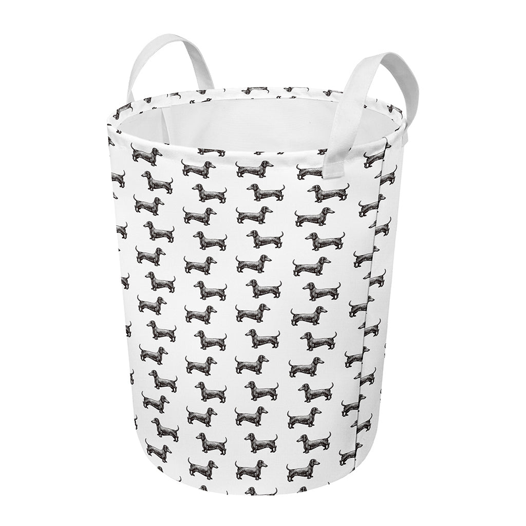 Black And White Dachshund Pattern Print Round Laundry Basket