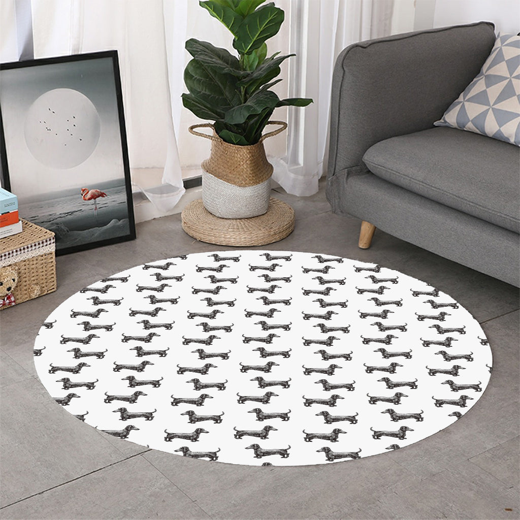 Black And White Dachshund Pattern Print Round Rug