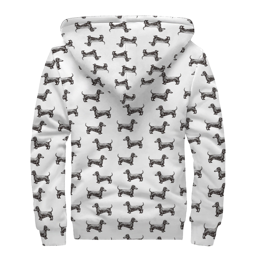 Black And White Dachshund Pattern Print Sherpa Lined Zip Up Hoodie