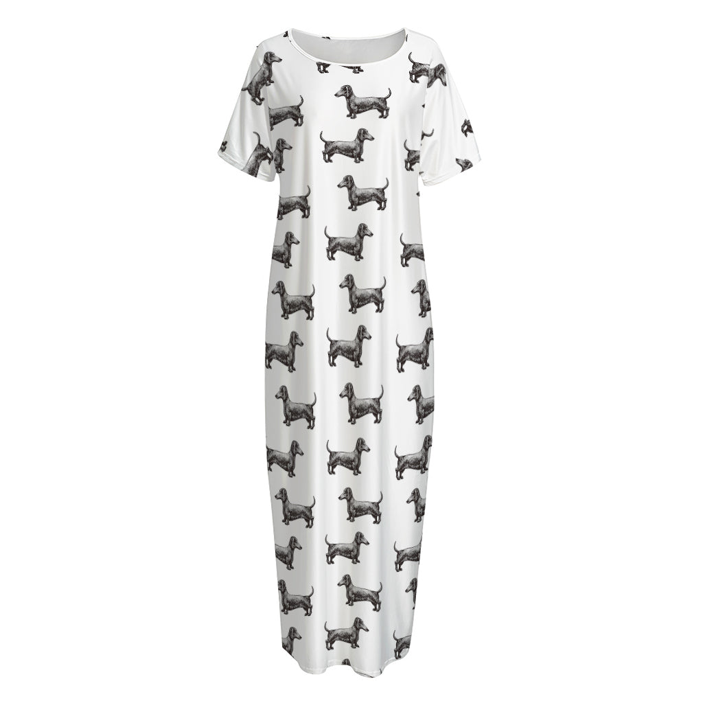 Black And White Dachshund Pattern Print Short Sleeve Long Nightdress