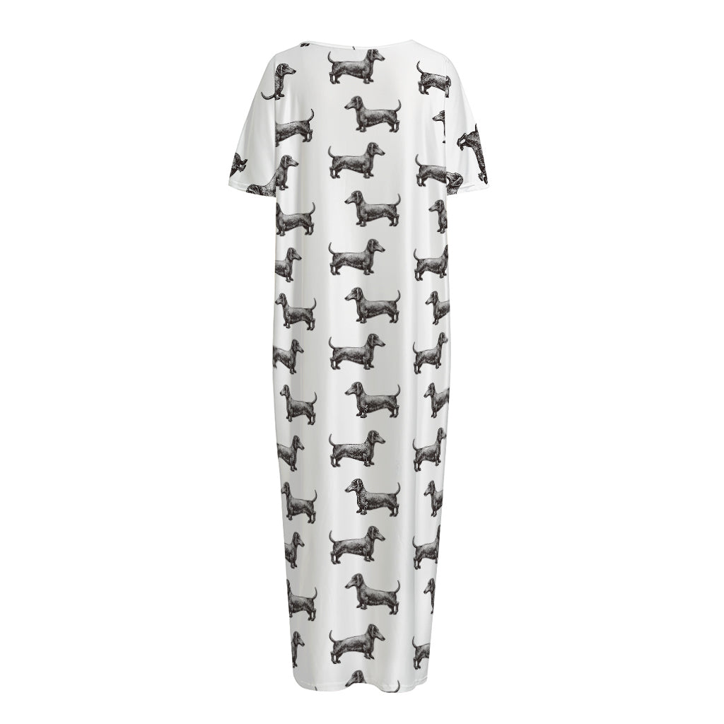 Black And White Dachshund Pattern Print Short Sleeve Long Nightdress