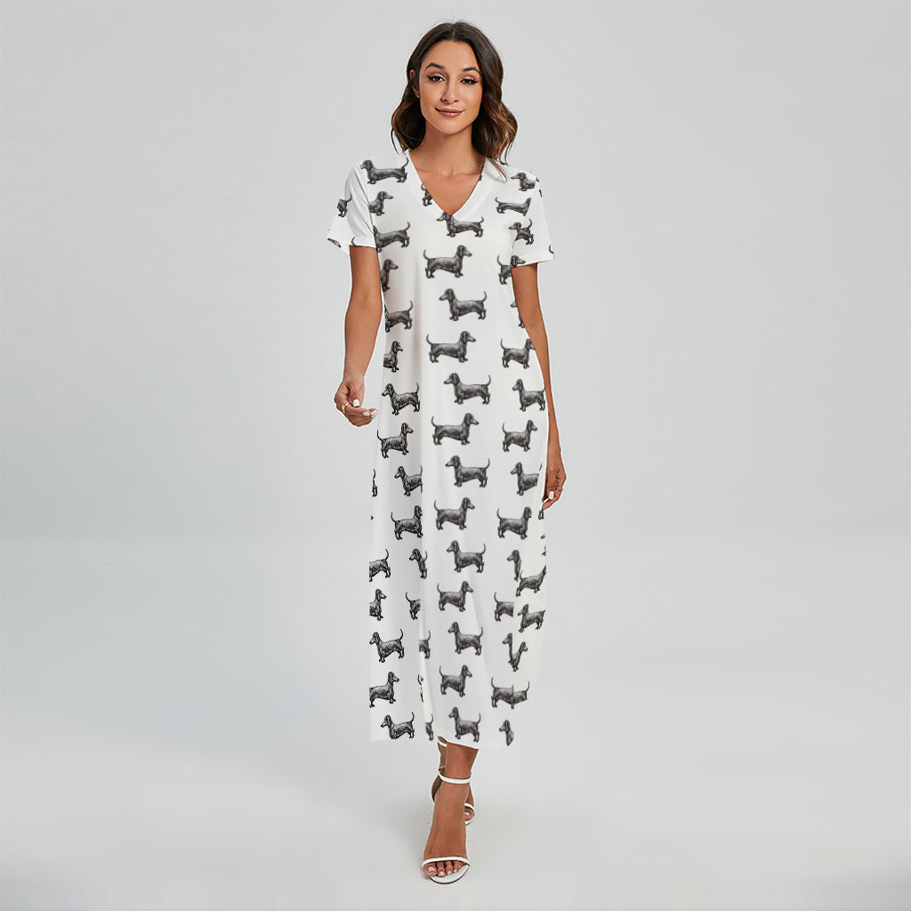 Black And White Dachshund Pattern Print Short Sleeve Maxi Dress