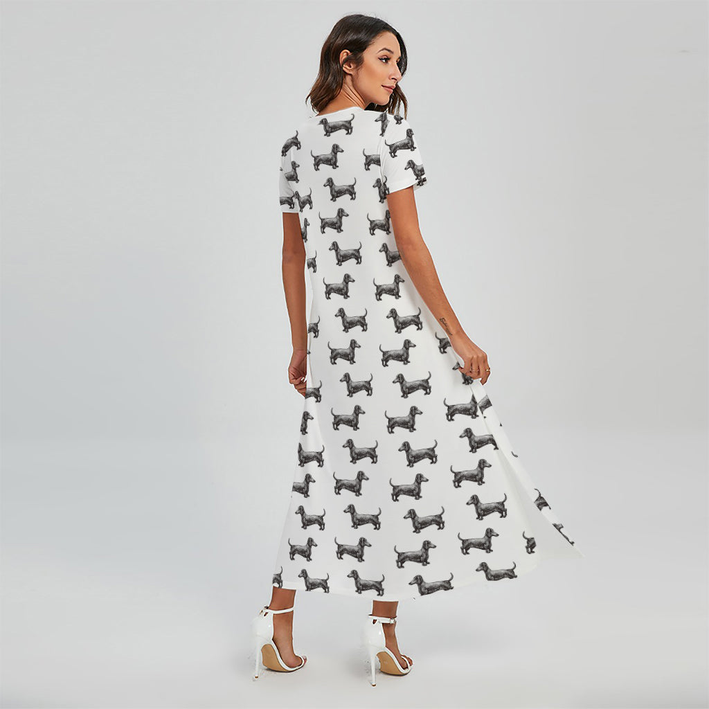 Black And White Dachshund Pattern Print Short Sleeve Maxi Dress