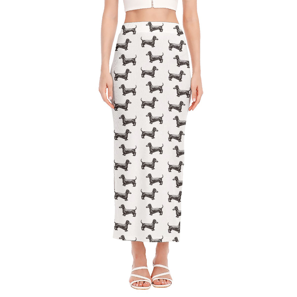 Black And White Dachshund Pattern Print Side Slit Maxi Skirt