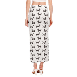 Black And White Dachshund Pattern Print Side Slit Maxi Skirt