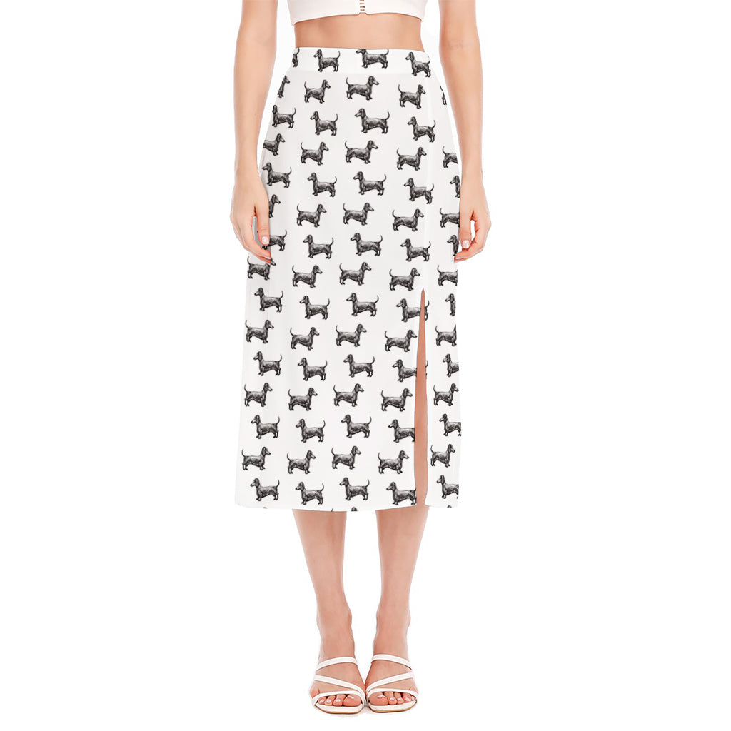 Black And White Dachshund Pattern Print Side Slit Midi Skirt