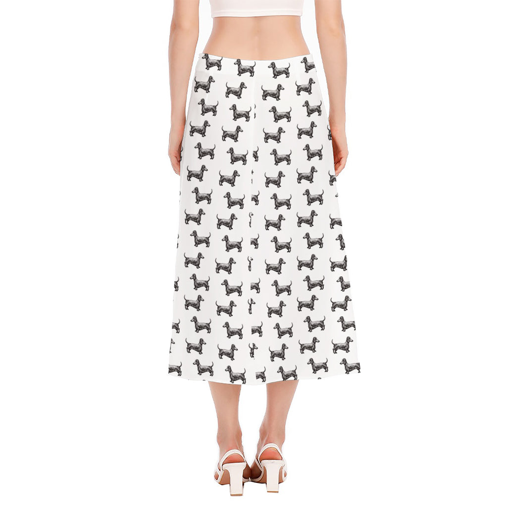 Black And White Dachshund Pattern Print Side Slit Midi Skirt