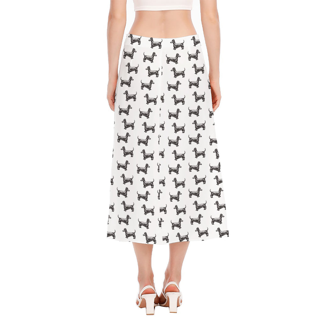 Black And White Dachshund Pattern Print Side Slit Midi Skirt