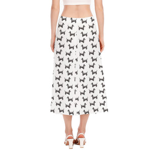 Black And White Dachshund Pattern Print Side Slit Midi Skirt