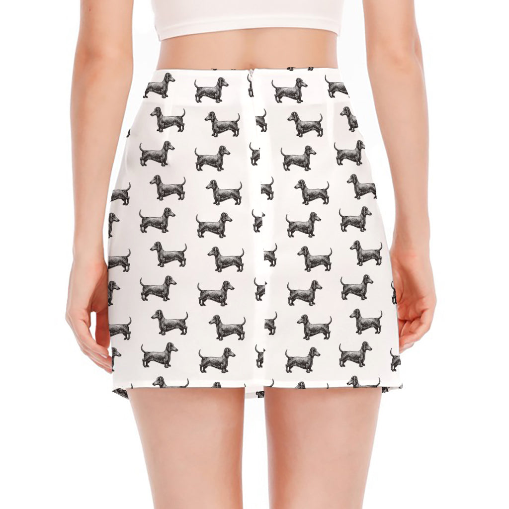 Black And White Dachshund Pattern Print Side Slit Mini Skirt