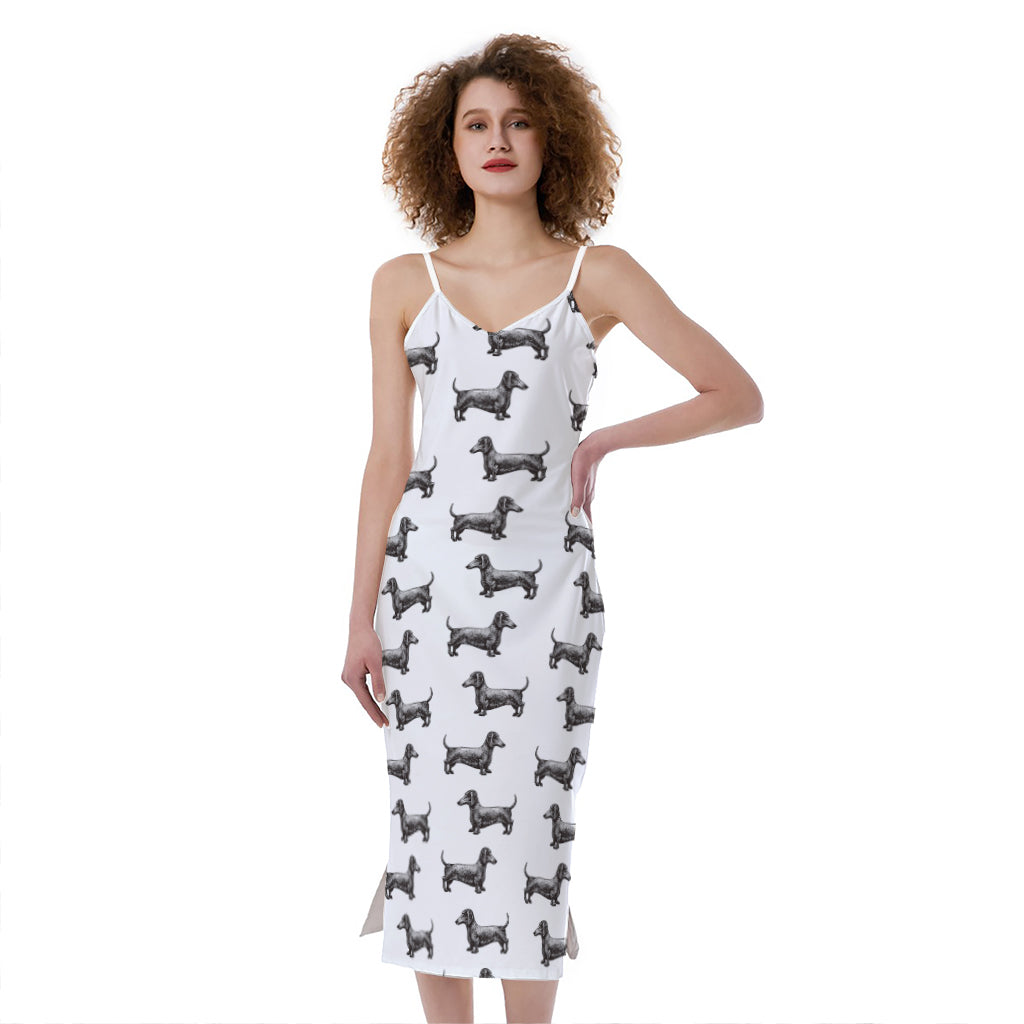 Black And White Dachshund Pattern Print Slim Fit Midi Cami Dress