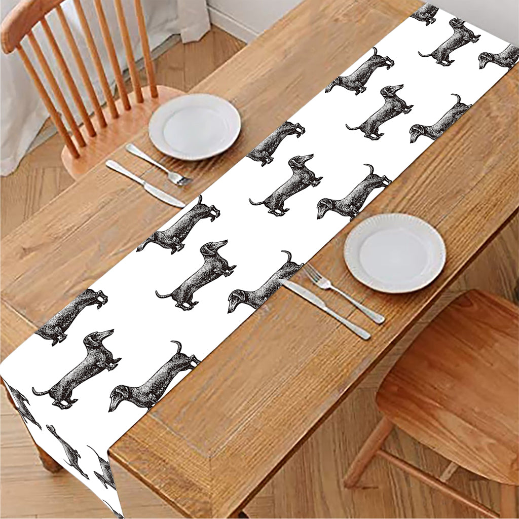 Black And White Dachshund Pattern Print Table Runner