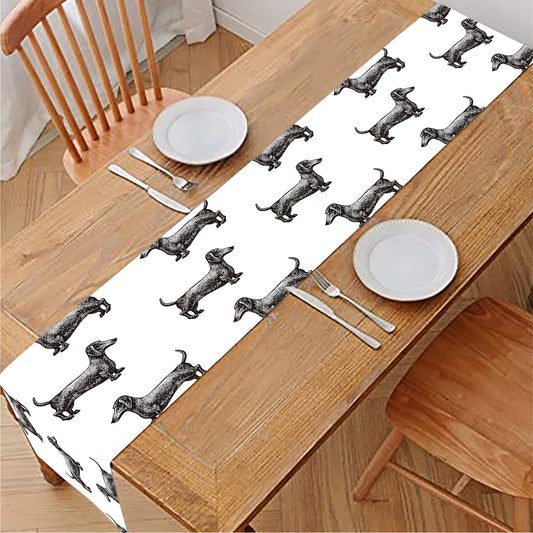 Black And White Dachshund Pattern Print Table Runner