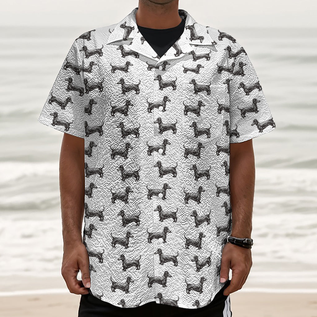 Black And White Dachshund Pattern Print Textured Short Sleeve Shirt