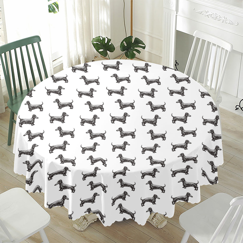 Black And White Dachshund Pattern Print Waterproof Round Tablecloth