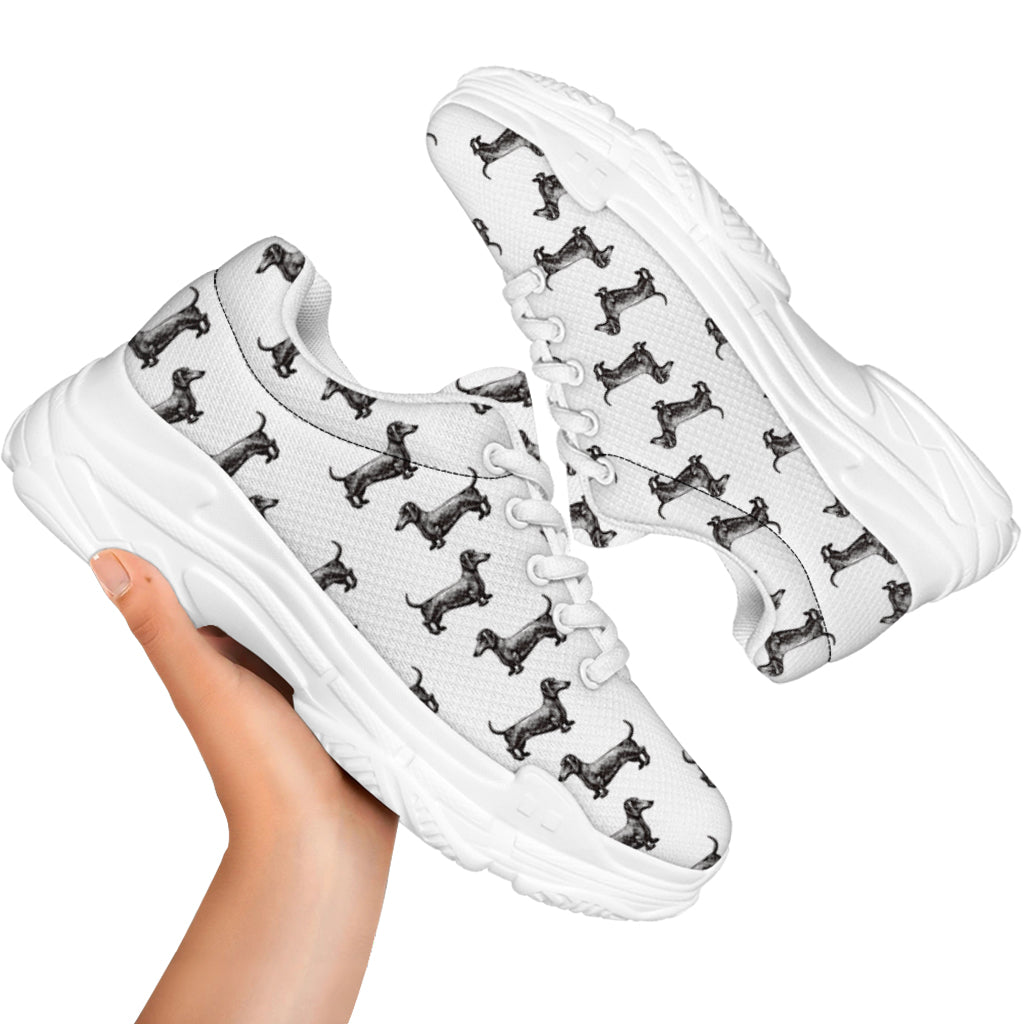 Black And White Dachshund Pattern Print White Chunky Shoes