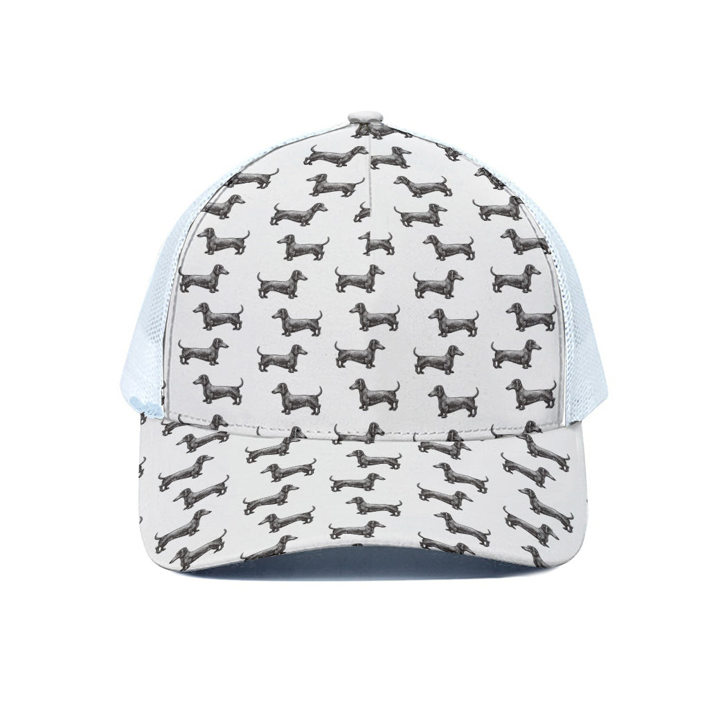 Black And White Dachshund Pattern Print White Mesh Trucker Cap