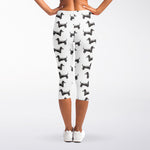 Black And White Dachshund Pattern Print Women's Capri Leggings