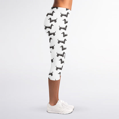 Black And White Dachshund Pattern Print Women's Capri Leggings