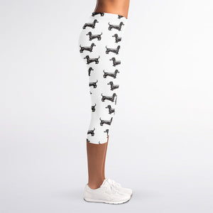 Black And White Dachshund Pattern Print Women's Capri Leggings