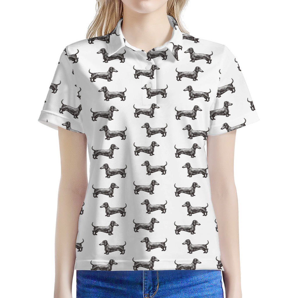 Black And White Dachshund Pattern Print Women's Polo Shirt