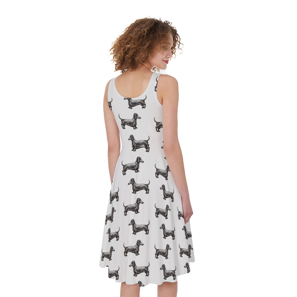 Black And White Dachshund Pattern Print Women's Sleeveless Dress