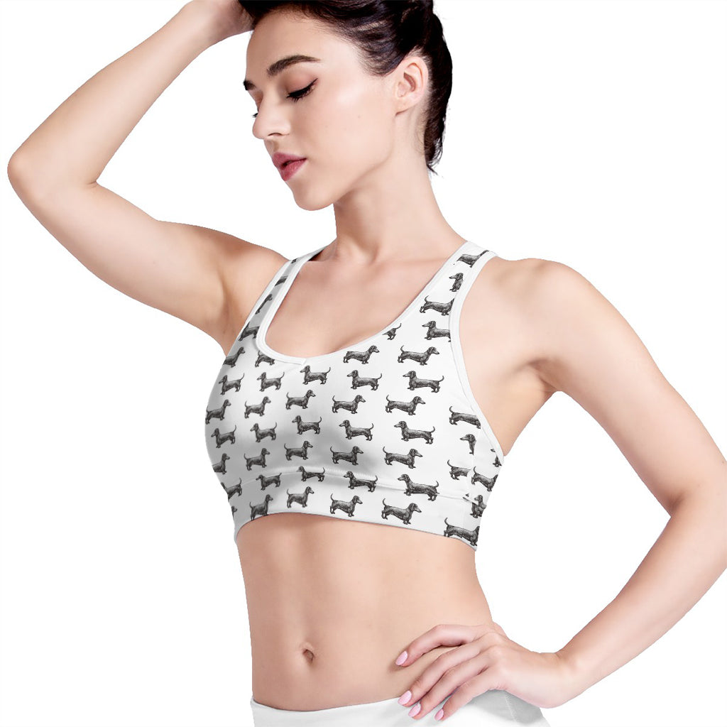 Black And White Dachshund Pattern Print Women's Sports Bra