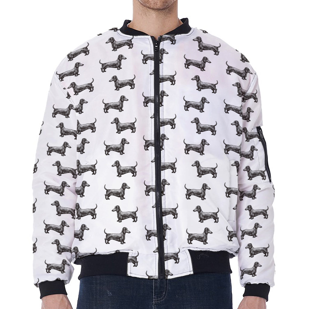 Black And White Dachshund Pattern Print Zip Sleeve Bomber Jacket