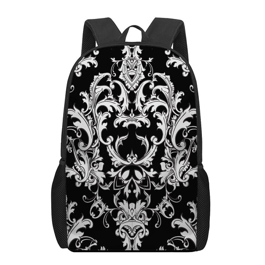 Black And White Damask Pattern Print 17 Inch Backpack