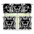 Black And White Damask Pattern Print 3 Piece Kitchen Curtains