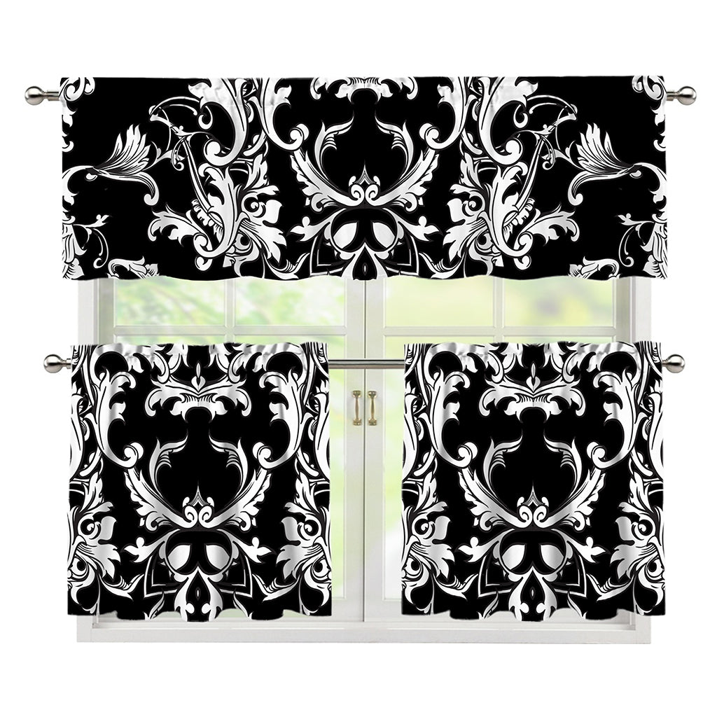 Black And White Damask Pattern Print 3 Piece Kitchen Curtains