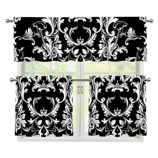 Black And White Damask Pattern Print 3 Piece Kitchen Curtains
