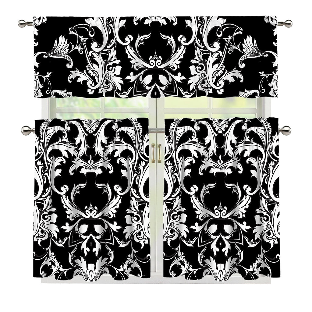 Black And White Damask Pattern Print 3 Piece Kitchen Curtains