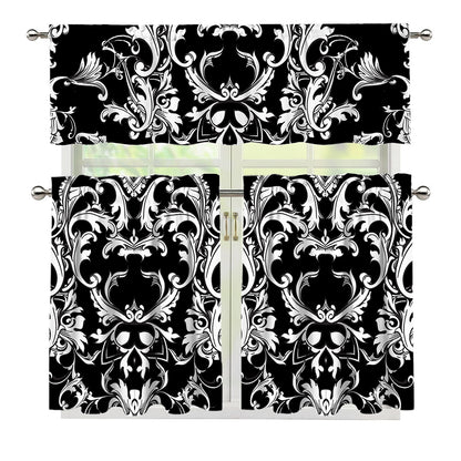 Black And White Damask Pattern Print 3 Piece Kitchen Curtains