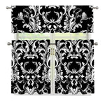 Black And White Damask Pattern Print 3 Piece Kitchen Curtains
