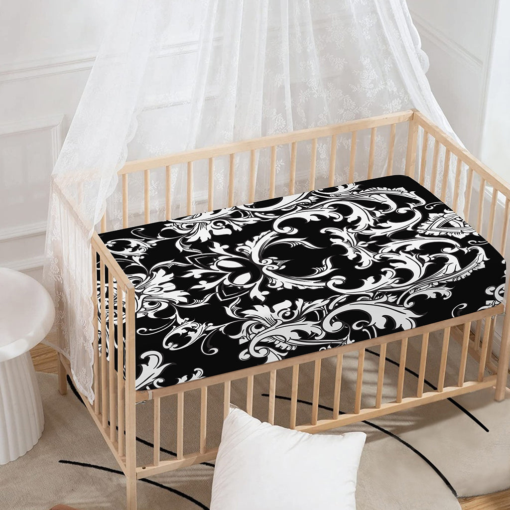 Black And White Damask Pattern Print Baby Crib Sheet