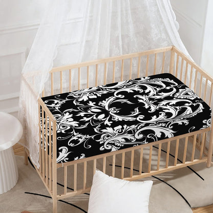 Black And White Damask Pattern Print Baby Crib Sheet