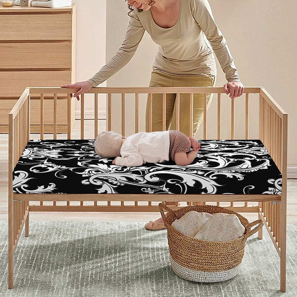 Black And White Damask Pattern Print Baby Crib Sheet