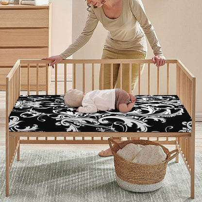 Black And White Damask Pattern Print Baby Crib Sheet