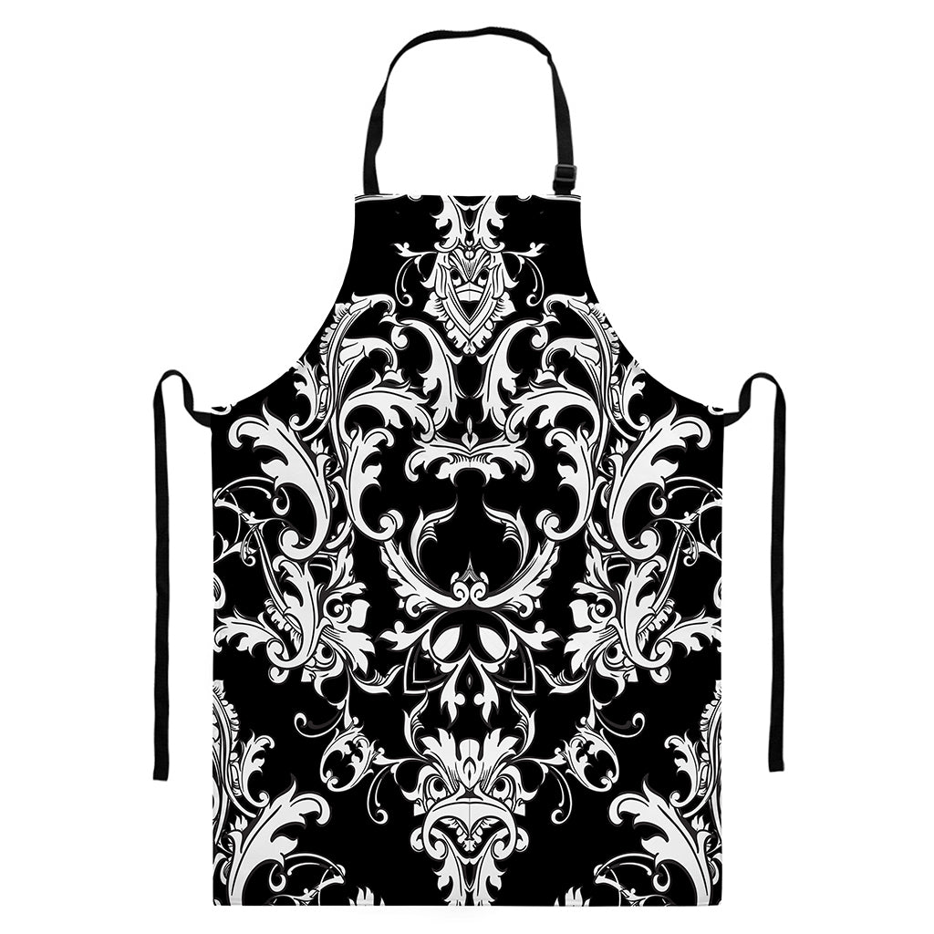 Black And White Damask Pattern Print Bib Apron With Pocket