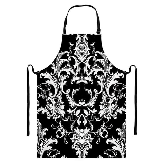 Black And White Damask Pattern Print Bib Apron With Pocket