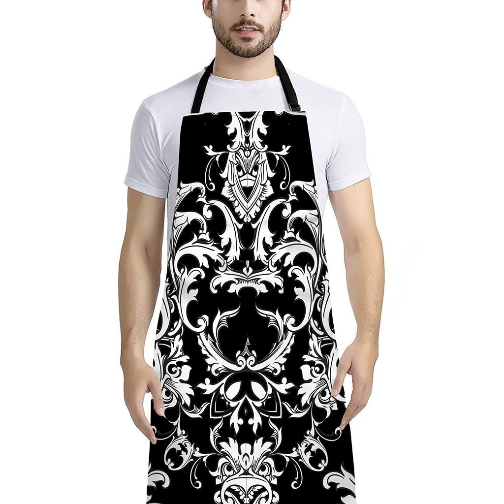 Black And White Damask Pattern Print Bib Apron With Pocket