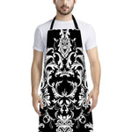 Black And White Damask Pattern Print Bib Apron With Pocket