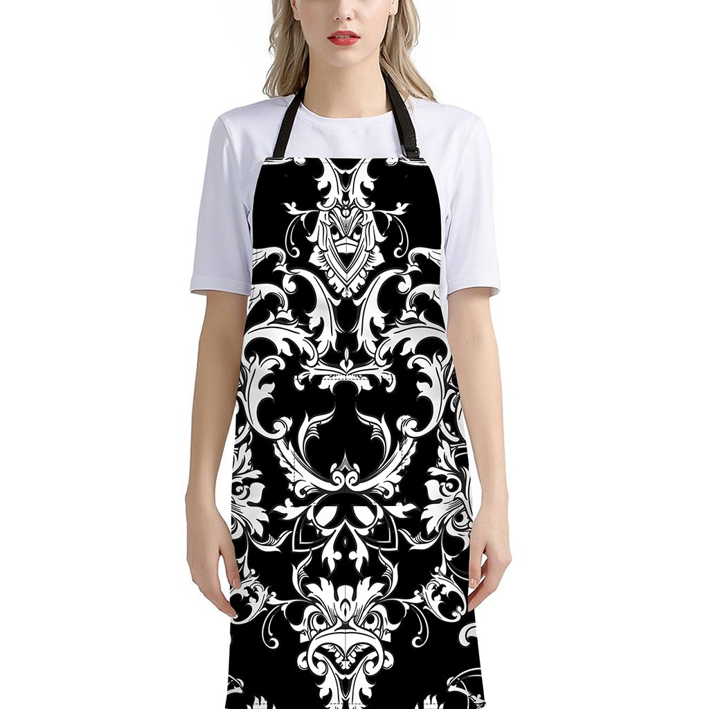 Black And White Damask Pattern Print Bib Apron With Pocket